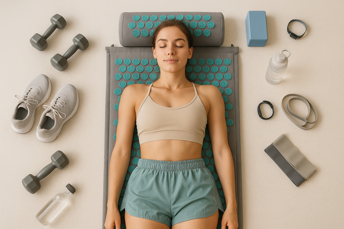 Crea una imagen de una chica vestida con rompa de running de verano (top con tirantes y shorts no pegados) sobre la esterilla acupresion gris con acupresores en forma de loto turquesa. La esterilla debe ser similar a la que vendemos en innerflame.shop. Debe ocupar todo el largo de la chica y la almohada en forma redondeada debe ocupar todo el ancho de la esterilla. Al rededor de la chica debe haber elementos de gimnasio/running